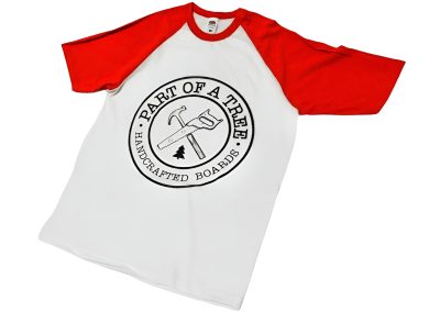 Short Sleeve Raglan T-Shirt, Saw & Hammer Logo, White/Red